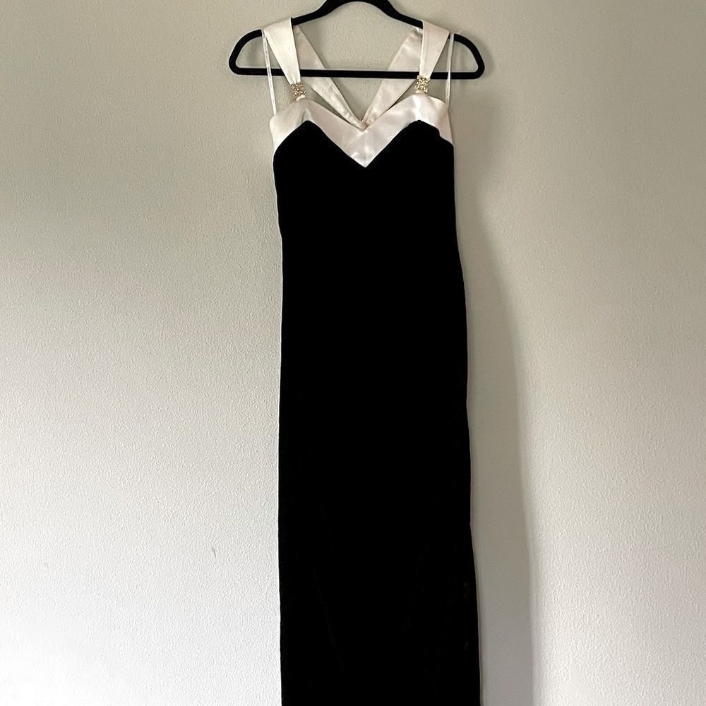 Vintage Scott McClintock (Jessica McClintock) White Satin and Black Velvet Gown.